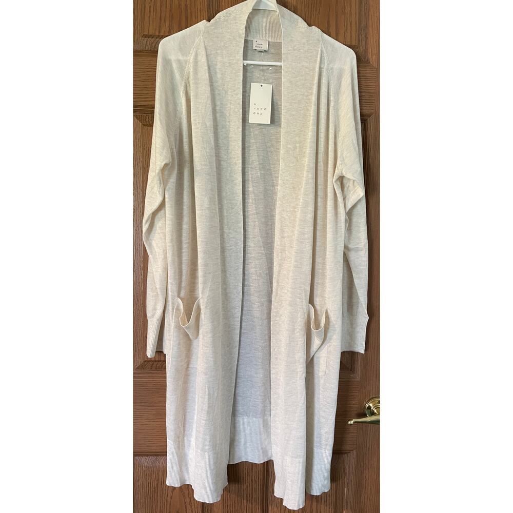 A New Day Beige Cardigan Open Front Knee Length Size Small PTP 22” Length 38”